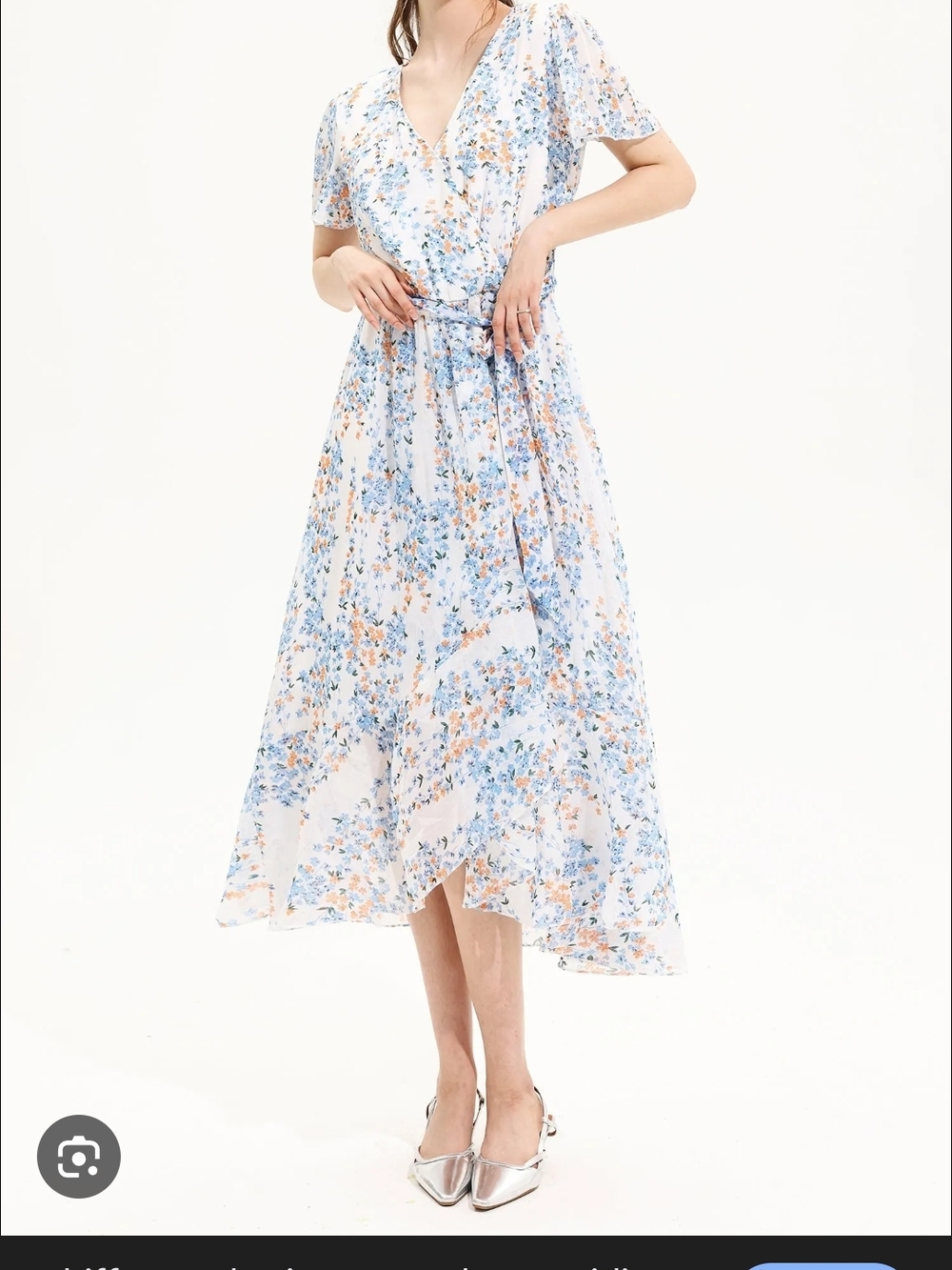 Floral V-Neck Wrap Midi Dress in Light Blue and Peach